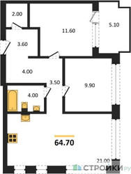 Планировка двухкомнатной(квартира) площадью 64.7 квадратных метров в ЖК “ЖК Дом А”