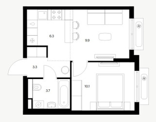 Планировка однокомнатной(квартира) площадью 33.3 квадратных метров в ЖК “ЖК Восточное Бутово”