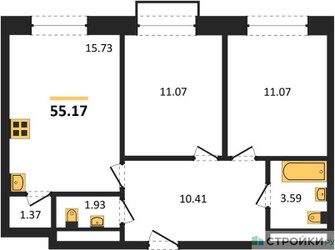 Планировка двухкомнатной(квартира) площадью 55.17 квадратных метров в ЖК “ЖК Квартал Румянцево (МелиСад)”