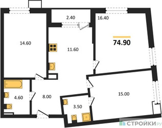 Планировка трехкомнатной(квартира) площадью 74.9 квадратных метров в ЖК “ЖК Деснаречье”