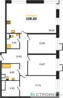Планировка трехкомнатной(квартира) площадью 108.6 квадратных метров в “ЖК LIFE Варшавская”
