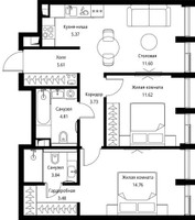 Планировка двухкомнатной(квартира) площадью 64.82 квадратных метров в “ЖК Сити Бэй”