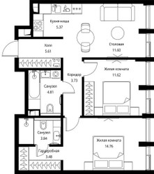 Планировка двухкомнатной(квартира) площадью 64.82 квадратных метров в ЖК “ЖК Сити Бэй”