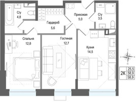 Планировка двухкомнатной(квартира) площадью 58.9 квадратных метров в “ЖК КИНОКВАРТАЛ”