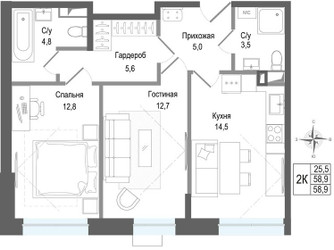 Планировка двухкомнатной(квартира) площадью 58.9 квадратных метров в ЖК “ЖК КИНОКВАРТАЛ”