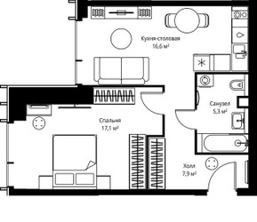 Планировка однокомнатной(квартира) площадью 46.9 квадратных метров в ЖК “ЖК Веер”