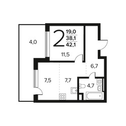 Планировка двухкомнатной(квартира) площадью 42.1 квадратных метров в ЖК “Новые Ватутинки. Заречный”