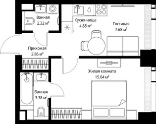 Планировка однокомнатной(квартира) площадью 36.76 квадратных метров в ЖК “ЖК Веер”