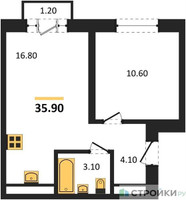 Планировка однокомнатной(квартира) площадью 35.9 квадратных метров в “ЖК Квартал Метроном”