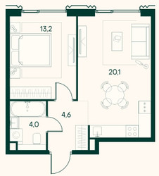 Планировка однокомнатной(квартира) площадью 41.9 квадратных метров в ЖК “ЖК Клубный город на реке Primavera (Примавера)”