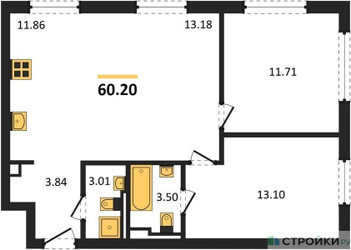 Планировка двухкомнатной(квартира) площадью 60.2 квадратных метров в ЖК “ЖК TATE (Тэйт)”