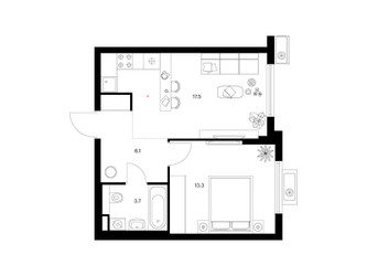 Планировка однокомнатной(квартира) площадью 40.6 квадратных метров в ЖК “ЖК Белая Дача парк”