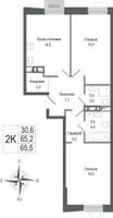 Планировка двухкомнатной(квартира) площадью 65.2 квадратных метров в “ЖК КИНОКВАРТАЛ”