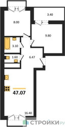 Планировка двухкомнатной(квартира) площадью 47.07 квадратных метров в ЖК “ЖК ВОСТОК II”
