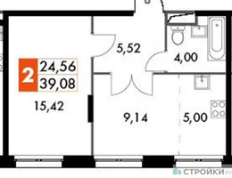 Планировка однокомнатной(апартаменты) площадью 39.08 квадратных метров в “ЖК Движение. Говорово”
