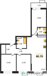 Планировка трехкомнатной(квартира) площадью 80.7 квадратных метров в ЖК “ЖК Скандинавия”