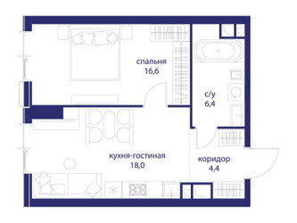 Планировка однокомнатной(квартира) площадью 45.4 квадратных метров в ЖК “ЖК Событие”