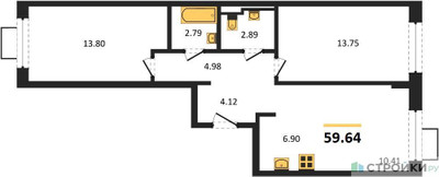 Планировка двухкомнатной(квартира) площадью 59.64 квадратных метров в ЖК “ЖК Подольские кварталы”