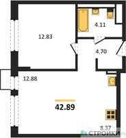 Планировка однокомнатной(квартира) площадью 42.89 квадратных метров в “ЖК Квартал Западный”