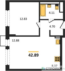 Планировка однокомнатной(квартира) площадью 42.89 квадратных метров в ЖК “ЖК Квартал Западный”