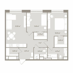 Планировка трехкомнатной(апартаменты) площадью 79.8 квадратных метров в ЖК “ЖК D'ORO MILLE (Доро Милле)”