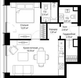 Планировка однокомнатной(квартира) площадью 43.61 квадратных метров в ЖК “ЖК Сити Бэй”