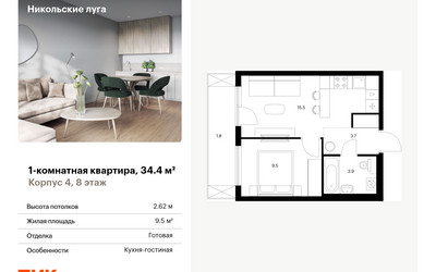 Планировка однокомнатной(квартира) площадью 34.4 квадратных метров в ЖК “ЖК Никольские луга”
