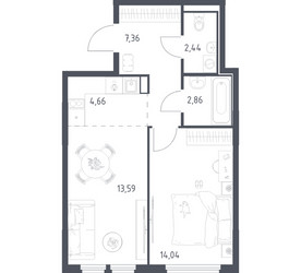 Планировка однокомнатной(квартира) площадью 44.95 квадратных метров в ЖК “ЖК Остафьево”