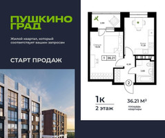 Планировка однокомнатной(квартира) площадью 36.21 квадратных метров в “ЖК Пушкино Град”