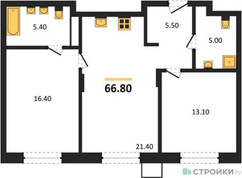 Планировка двухкомнатной(квартира) площадью 66.8 квадратных метров в ЖК “ЖК Резиденции Сколково”