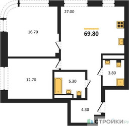 Планировка двухкомнатной(квартира) площадью 69.8 квадратных метров в ЖК “Архитектурный проект U2 (ЮТУ)”