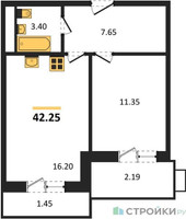 Планировка однокомнатной(квартира) площадью 42.25 квадратных метров в “ЖК Радость (Радумля Парк)”