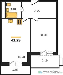 Планировка однокомнатной(квартира) площадью 42.25 квадратных метров в ЖК “ЖК Радость (Радумля Парк)”