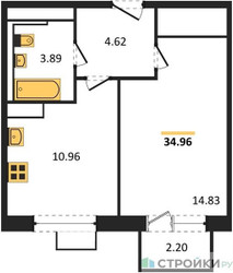 Планировка однокомнатной(квартира) площадью 34.96 квадратных метров в ЖК “ЖК Новое Внуково”