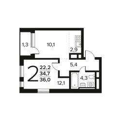 Планировка двухкомнатной(квартира) площадью 36 квадратных метров в ЖК “Новые Ватутинки. Заречный”