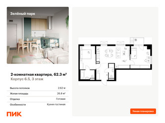 Планировка двухкомнатной(квартира) площадью 62.3 квадратных метров в “ЖК Зеленый парк”