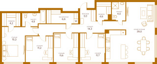 Планировка 4+ комнатной(квартира) площадью 130.4 квадратных метров в “ЖК Champine (Шампайн)”