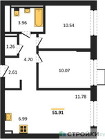 Планировка двухкомнатной(квартира) площадью 51.91 квадратных метров в “ЖК Егорово Парк”
