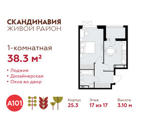 Планировка однокомнатной(квартира) площадью 38.3 квадратных метров в ЖК “ЖК Скандинавия”