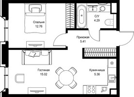 Планировка однокомнатной(квартира) площадью 42.84 квадратных метров в “Дом премиум-класса МИРА”