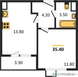 Планировка однокомнатной(квартира) площадью 35.4 квадратных метров в “ЖК ЮЖНАЯ БИТЦА”