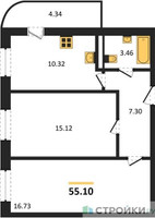Планировка двухкомнатной(квартира) площадью 55.1 квадратных метров в “Ласточкино”