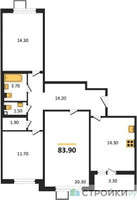 Планировка трехкомнатной(квартира) площадью 83.9 квадратных метров в “ЖК 1-й Ленинградский (Первый Ленинградский)”