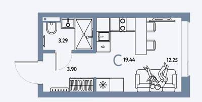 Планировка студии(квартира) площадью 19.44 квадратных метров в ЖК “ЖК Страна.Парковая”