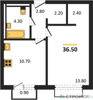 Планировка однокомнатной(апартаменты) площадью 36.5 квадратных метров в “ЖК Равновесие”
