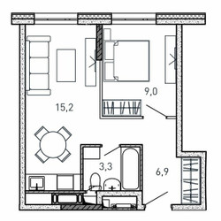 Планировка однокомнатной(квартира) площадью 34.4 квадратных метров в ЖК “ЖК Квартал Светлый”
