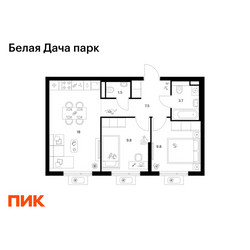 Планировка двухкомнатной(квартира) площадью 50.3 квадратных метров в ЖК “ЖК Белая Дача парк”