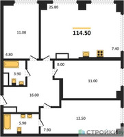 Планировка трехкомнатной(квартира) площадью 114.5 квадратных метров в “ЖК Very (Вери)”