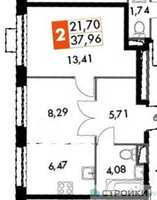 Планировка однокомнатной(апартаменты) площадью 37.96 квадратных метров в “ЖК Движение. Говорово”