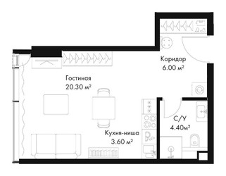 Планировка студии(квартира) площадью 34.3 квадратных метров в ЖК “ЖК Слава”